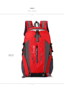 Front view of a red large-capacity outdoor hiking backpack with functional gray details