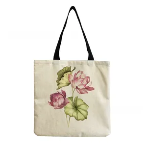 Close-up of the elegant pink lotus floral print on a beige linen-textured tote bag