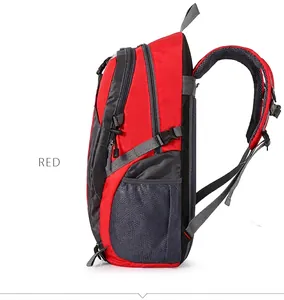 Professional side view of red large capacity outdoor hiking backpack with mesh pocket