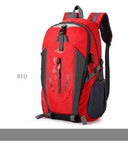 Front view of a large capacity red outdoor hiking backpack with gray straps