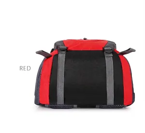 Close-up detail of red and black outdoor hiking backpack with breathable mesh padding