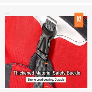 Detailed close-up showing the durable black plastic safety buckle on a red hiking backpack