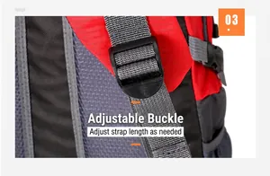 Close-up of durable adjustable strap buckle on red and black outdoor hiking backpack