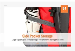 Detailed close-up of red hiking backpack side mesh pocket holding a compact umbrella