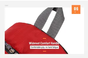 Close-up of a red backpack with a durable grey reinforced top handle