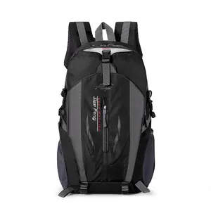 Professional front view of a black and gray large capacity outdoor hiking backpack