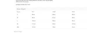 Tableau des tailles détaillé pour T-shirt décontracté avec mesures de buste et manches