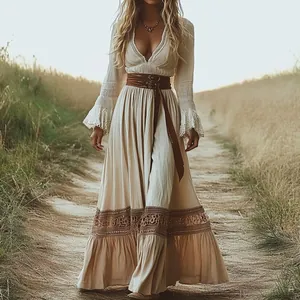 Bohemian V-neck lace maxi dress with bell sleeves and pleated skirt details