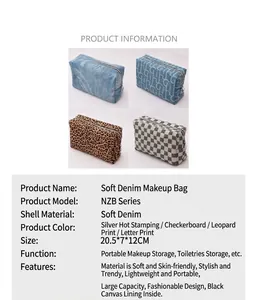Grand sac à cosmétiques en denim avec motifs léopard et damier pour le voyage