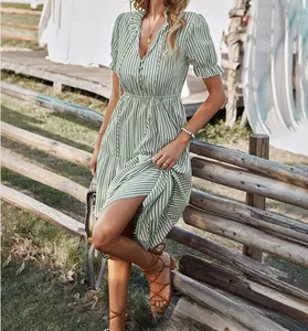 Detailed view of summer striped v-neck dress with elastic waist and button front