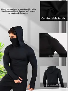 Dettagli della felpa con cappuccio anti-UV da uomo, trama del tessuto e maniche raglan.