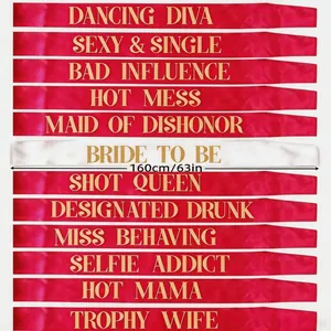 Set of 12 bachelorette party sashes in rose red and white with funny gold lettering