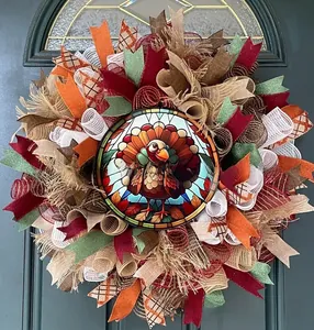 Couronne de récolte de Thanksgiving pour porte avec rubans colorés et motif dindon