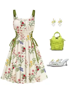 Elegant floral print summer dress with metal ring straps and lace-up waist detail