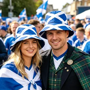 Couple wearing blue and white Scotland flag bucket hats at a crowded sports stadium.