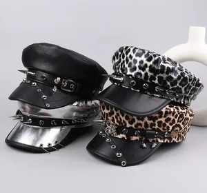 Selection of punk leather flat caps with spikes, silver metallic and leopard prints