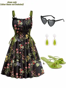 Floral printed vintage holiday dress with metal rings and side green drawstrings detail