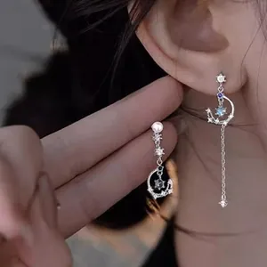 Asymmetric Star Moon Long Tassel Stud Earrings With 925 Sterling Silver Earring Post Brass Rhinestone Moonstone Drop Earrings