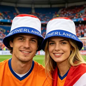 Netherlands flag bucket hat for football fans in red white and blue stadium scene