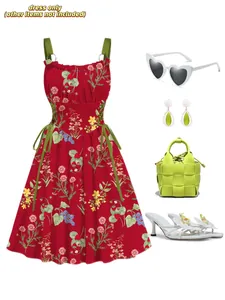 Visual styling of a red floral maxi dress with matching vacation accessories