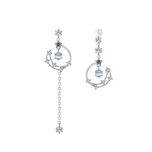 925 sterling silver asymmetric star and moon earrings with moonstone and long tassel
