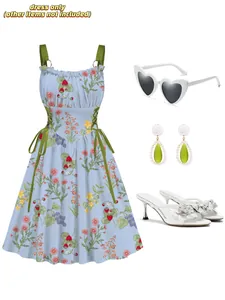 Elegant light blue floral print holiday dress with metal rings and drawstring side details