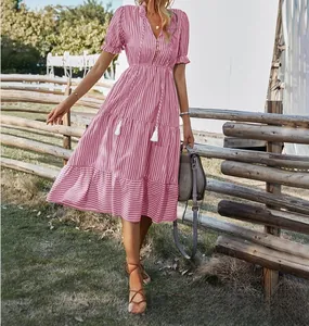 Elegant pink striped short sleeve midi dress with V-neck and tiered ruffled skirt detail