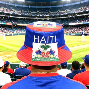 Back view of a fan wearing a Haiti flag bucket hat at a baseball stadium