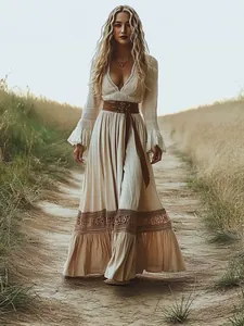 Women Bohemian V-Neck Lace Patchwork Maxi Dress Flare Sleeve Pleated Long Vacation Dress Without Belt