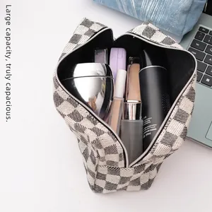 Grande trousse à maquillage de voyage à damier noir et blanc avec rangement spacieux