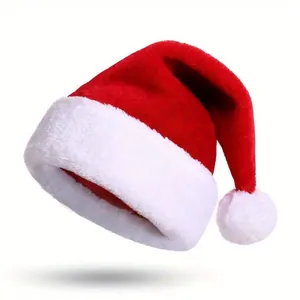 High-quality detailed view of a thick red and white plush Santa hat for adults.