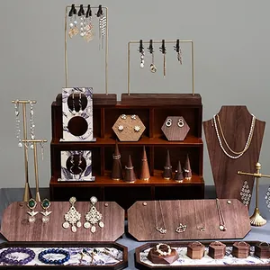 Retro walnoothouten sieraden display standaard set voor ringen, kettingen en oorbellen