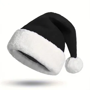 Detailed view of a black and white plush Christmas hat with a thick fluffy trim and pom-pom