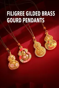 Detailed view of four exquisite gold-plated hollow gourd pendants on red background