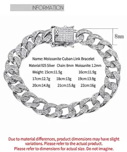 Detailed size and weight specs for 925 sterling silver Cuban chain bracelet with Moissanite stones