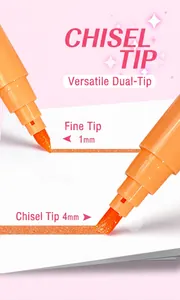 Detailed view of orange glitter highlighters showing 1mm fine and 4mm chisel tips