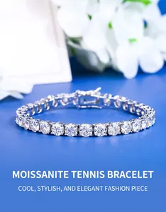 Close-up of moissanite tennis bracelet with 925 silver setting on blue background.