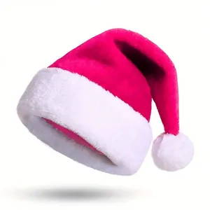 Close-up of fuchsia plush Santa hat with soft white trim for adult party decor
