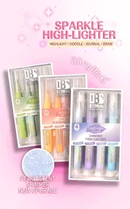 Detailed view of three four-pack glitter highlighter sets in assorted soft pastel shades.
