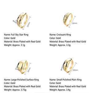 Infographic showing four gold-plated ring styles with specific size and weight data