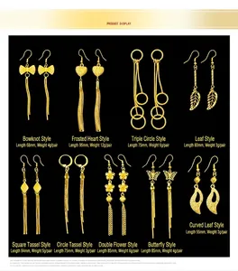 Collection of elegant long gold-plated tassel and heart drop earrings for women