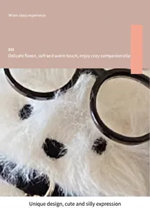 Detailed macro shot of soft white long-haired faux fur plush doll wearing black glasses