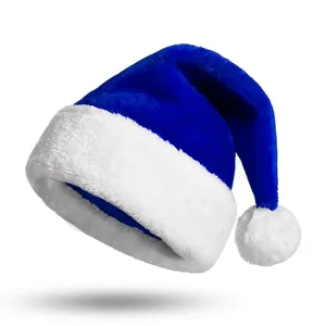 Plush blue Santa hat with white fur trim and pom-pom for Christmas party decor