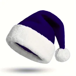 Detailed view of a high-quality plush purple Santa hat with white faux fur trim and pom-pom