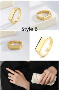Detailed views of a minimalist gold signet ring with rectangular face on hand.