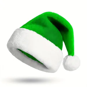 High-quality close-up of a vibrant green plush Santa hat with thick white faux fur trim