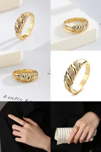 Detail shots of a gold twisted ring with cubic zirconia stones showing different angles