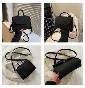 Detailed views showing a black snake-patterned small square handbag from multiple angles