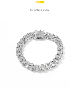 Close-up detail of a luxury 925 sterling silver Moissanite encrusted Cuban link bracelet