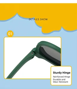 Gros plan sur la charnière robuste et renforcée de ces lunettes de soleil vertes
